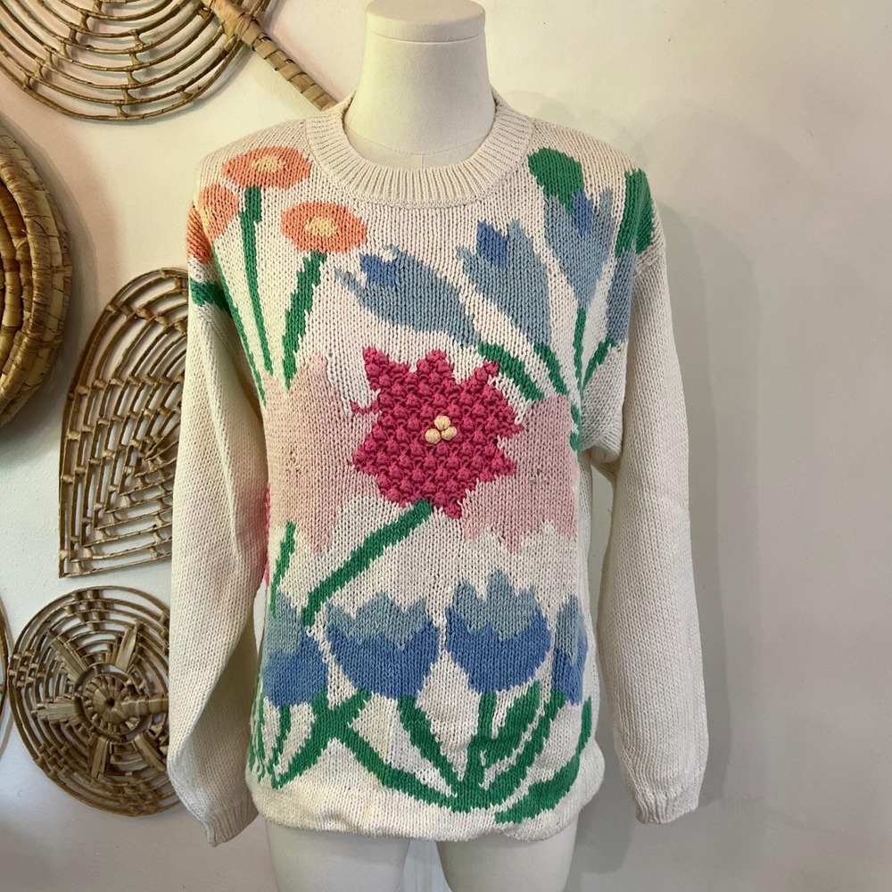 Vintage Cream Cotton Knit Floral Intarsia Sweater Popcorn Stitch Large - Picture 2 of 7